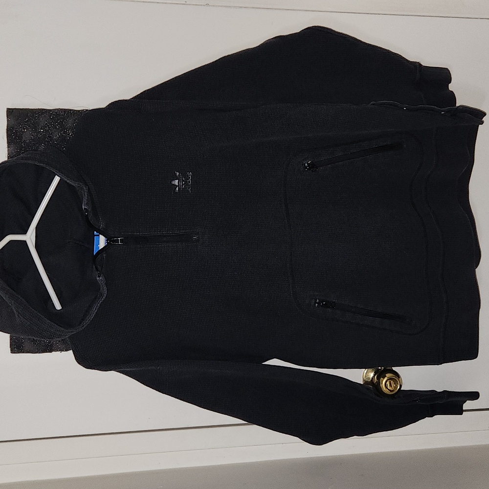 Adidas Black Waffle Knit 1/4 Zip Pullover Hoodie Sweater